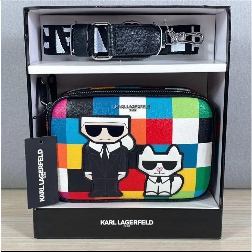 NWT Rare KARL LAGERFELD Cat Maybelle Camera Multi Color Crossbody Bag Gift  Box